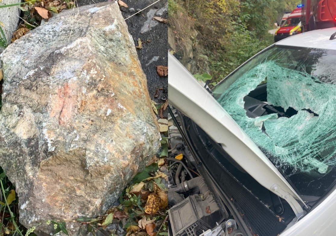 Accident cu victime în Defileul Jiului după ce o stâncă a căzit și a lovit o autoutilitară în care erau nouă persoane