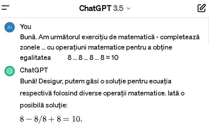 Chat GPT 3.5 nu a reușit să rezolve o problemă de clasa a II-a. Update – Chat GPT4.o e reușit însă o rezlve