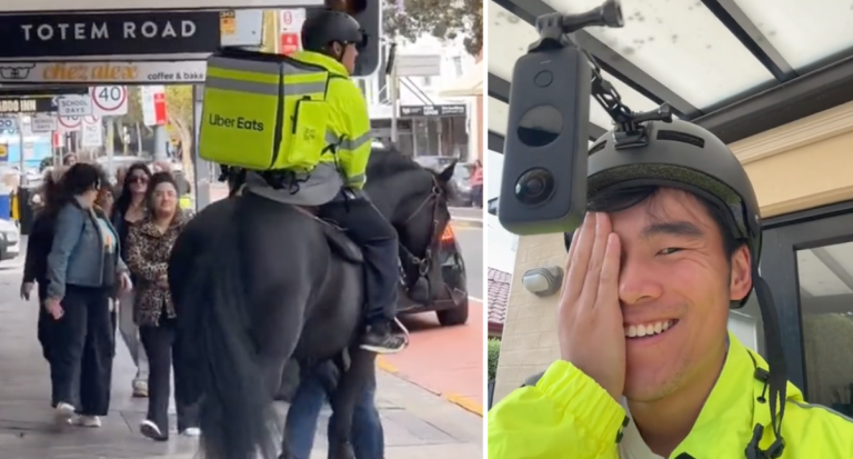 VIDEO Un livrator Uber de mâncare, filmat cum duce comanda pe cal