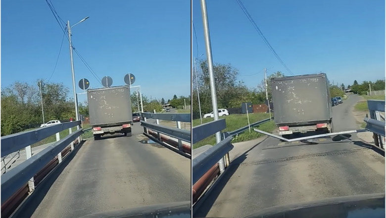  VIDEO Șofer filmat în timp ce doboară cu camionul o poartă de gabarit din Prahova și apoi fuge