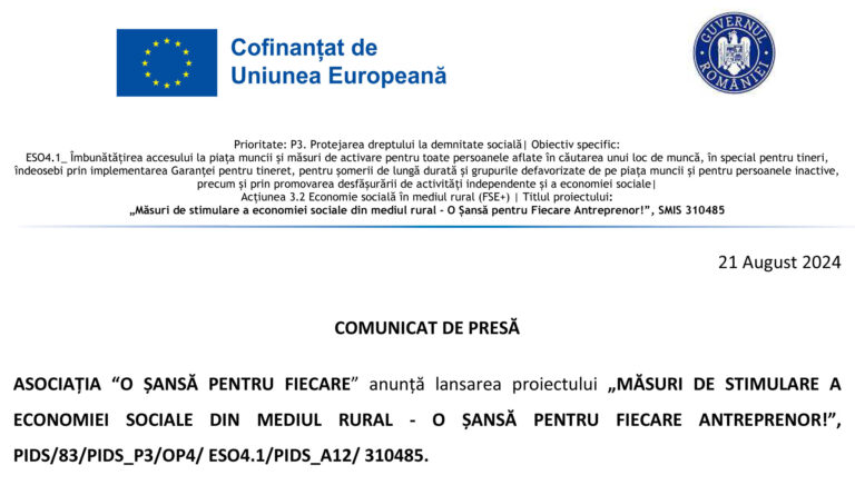 Asociația “O șansă pentru fiecare”anunță lansarea proiectului „Măsuri de stimulare a economiei sociale din mediul rural - o șansă pentru fiecare antreprenor!” (P)
