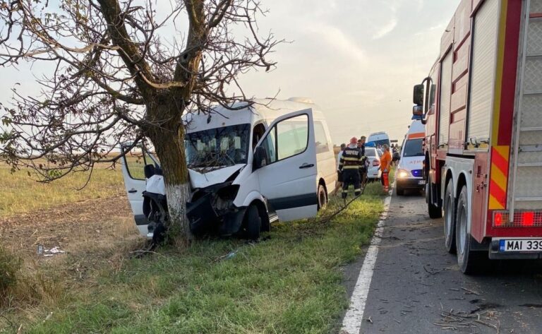 Un microbuz în care se aflau cinci persoane a intrat într-un copac. Două fete au ajuns la spital