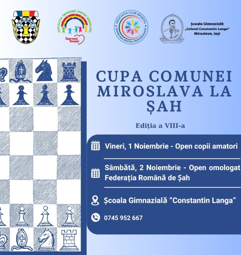 Cupa comunei Miroslava la șah, ediția 2024, vineri și sâmbătă la Școala Gimnazială Colonel Constantin Langa