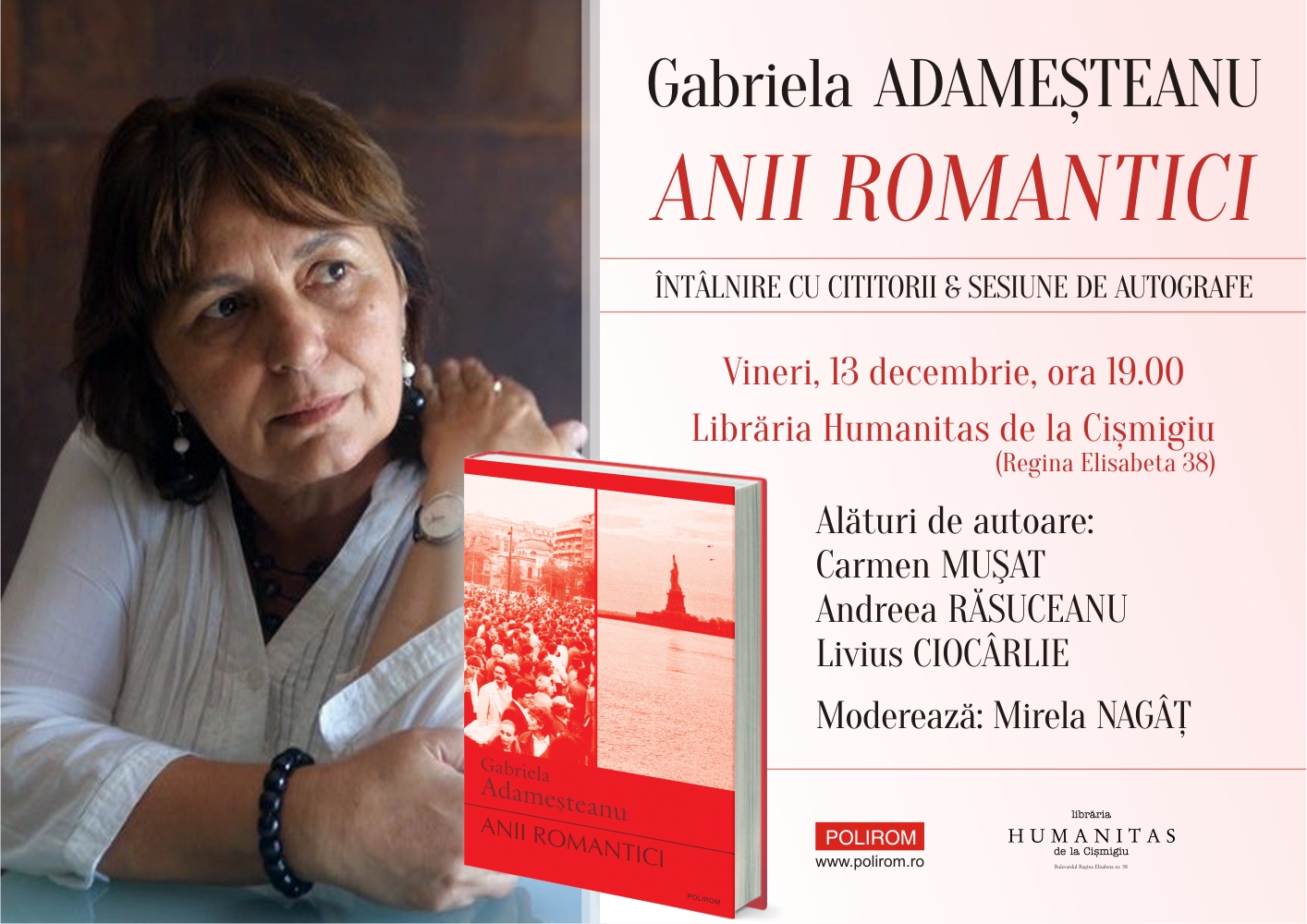 O întâlnire literară cu autoarea Gabriela Adameșteanu va avea loc vineri, în București, la Librăria Humanitas de la Cişmigiu