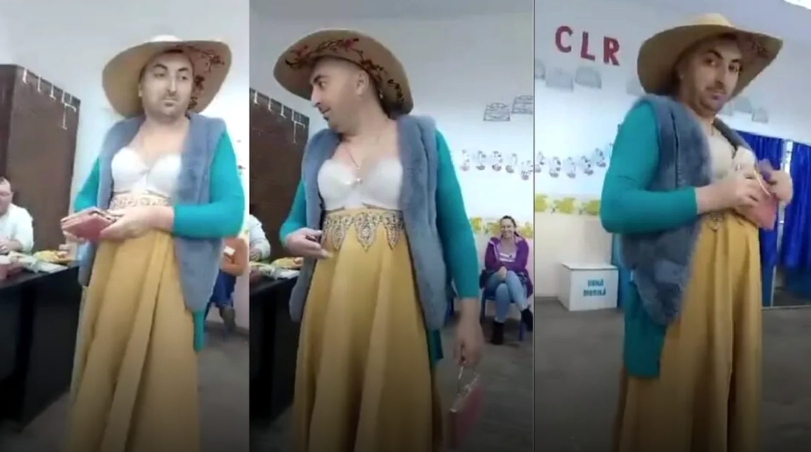 Spectacol de divertisment la urne în Botoșani: un tânăr s-a prezentat la vot în rochie și cu sutienul la vedere