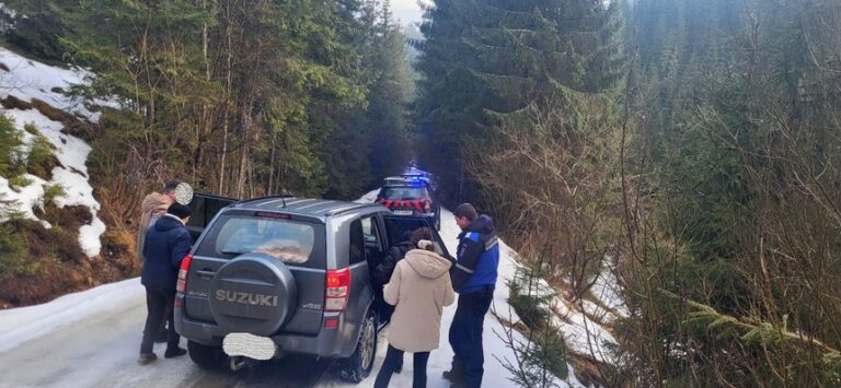Cluj: Patru turişti au rămas blocaţi cu maşina pe un drum îngheţat, în apropiere de Poiana Horea. Ei au fost recuperaţi de jandarmi