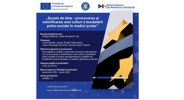 Colegiul Național „Vasile Alecsandri” Iași promovează un proiect interesant cu o finanțare de trei milioane de lei