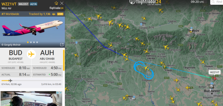 Un avion Wizz Air care a decolat de la Budapesta către Abu Dhabi a cerut să aterizeze pe Aeroportul „Henri Coandă” din motive deocamdată necunoscute