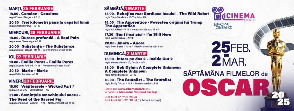  Marți începe Săptămâna Filmelor de Oscar la Cinema Ateneu: 15 producții de excepție pentru cinefili