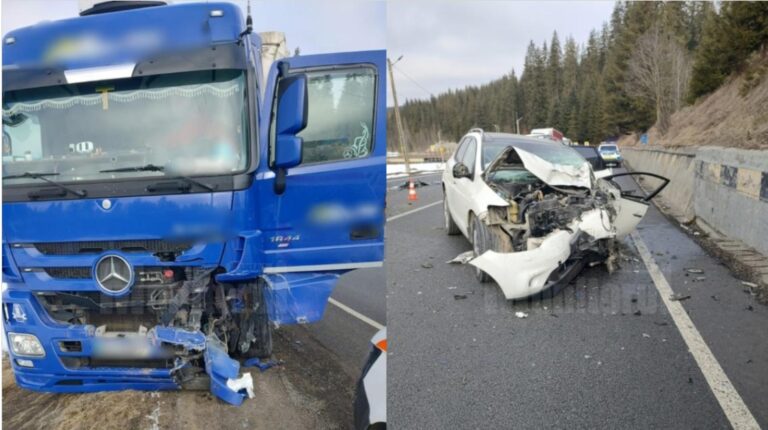 Un autoturism a fost strivit de un TIR: trei persoane rănite, două încarcerate