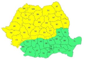 Cod galben de vânt puternic şi furtuni, în Banat, Crişana, Maramureş, Transilvania, cea mai mare parte a Moldovei şi la munte
