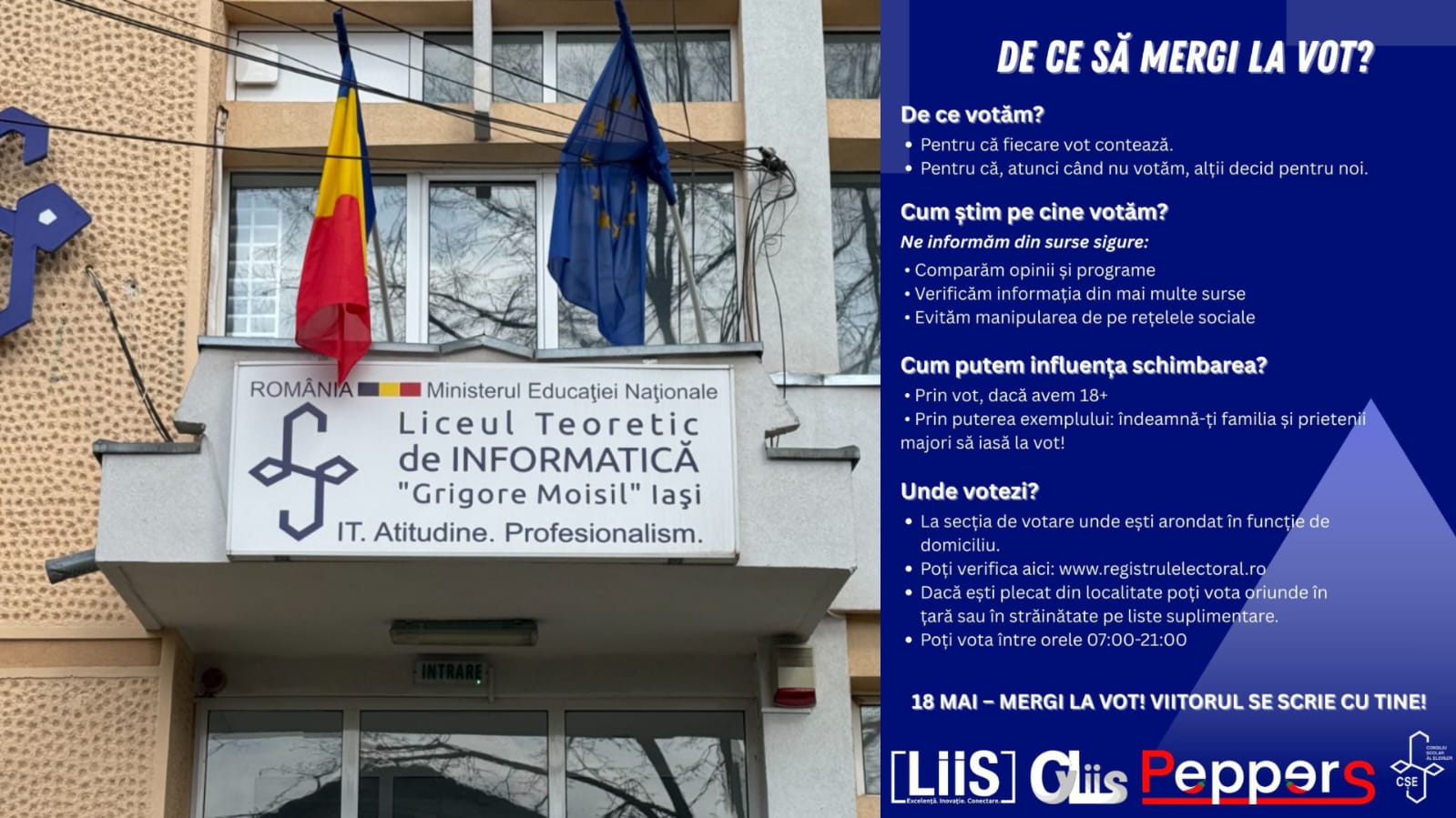 „Mergi la vot! Viitorul se scrie cu tine!” – Elevii de la Liceul de Informatică din Iași îi mobilizează pe tineri pentru alegerile din 18 mai