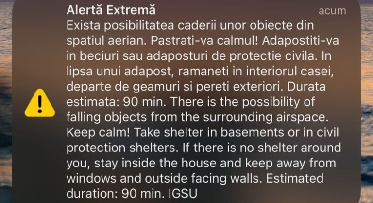 Mesaj RO-Alert transmis în zona de graniţă cu Ucraina privind posibilitatea să cadă obiecte din spaţiul aerian