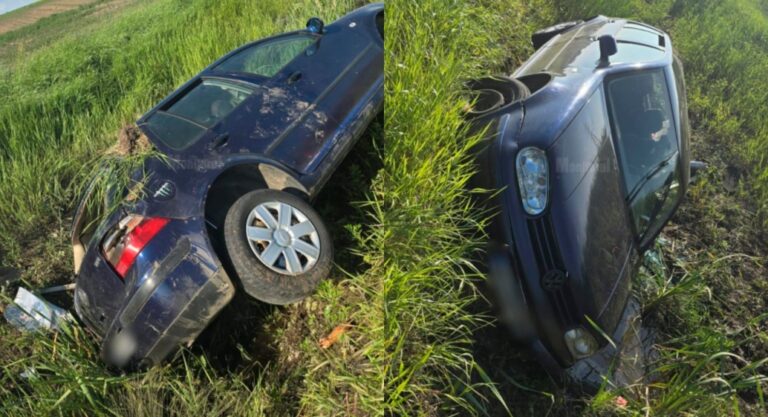 Un tânăr de 21 de ani a pierdut controlul volanului și s-a răsturnat cu mașina în care se aflau patru copii