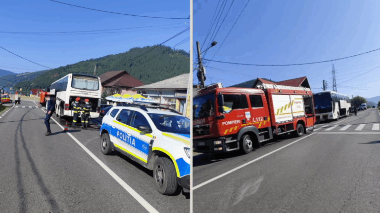 Un autocar în care se aflau 43 de sârbi a luat foc în mers pe un drum din Neamț