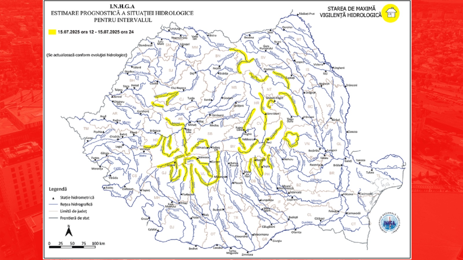 Pe lângă codul galben de caniculă emis de meteorologi, hidrologii au emis și ei un cod galben de viituri şi inundaţii locale în 17 judeţe