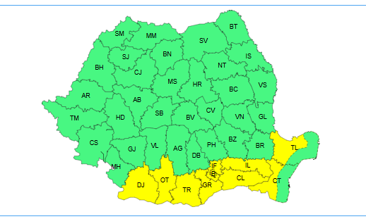 Căldura continuă - Cod galben de caniculă, până joi dimineaţă, în jumătatea sudică a Olteniei şi a Munteniei, precum şi în Dobrogea continentală
