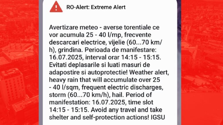 Avertizare RO-ALERT: Ploi torențiale, descărcări electrice și grindină în Iași