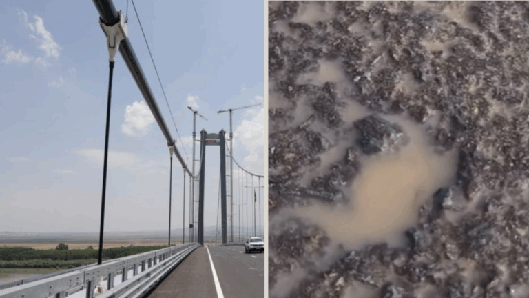 „Minune”: În asfaltul podului de la Brăila au apărut găuri prin care iese apă, deși nu a plouat: „Chiar nu mai sunt ingineri, specialişti, în țara asta, în lumea asta?”