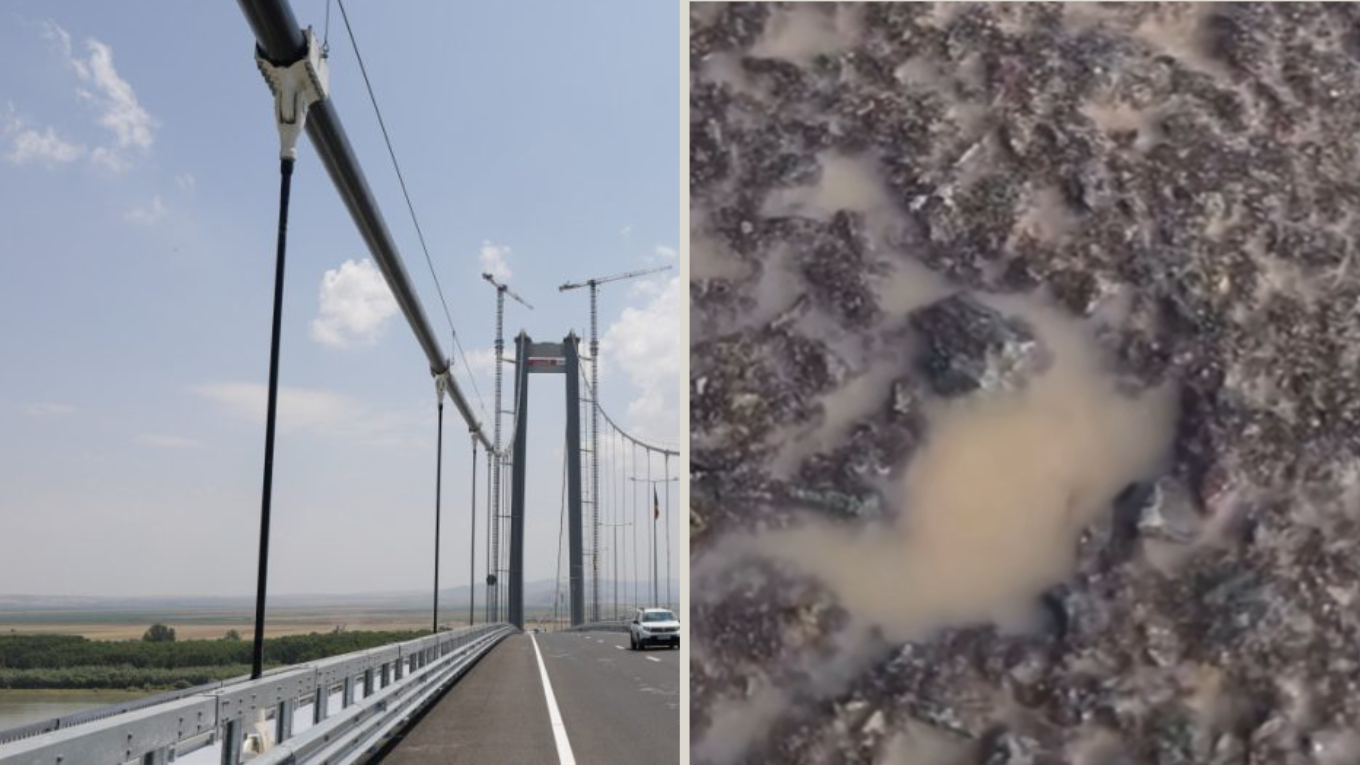 „Minune”: În asfaltul podului de la Brăila au apărut găuri prin care iese apă, deși nu a plouat: „Chiar nu mai sunt ingineri, specialişti, în țara asta, în lumea asta?”