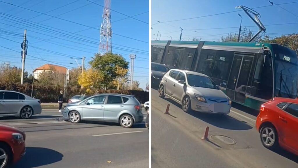  VIDEO | Accident în zona Gării, după ce un autoturism nu a acordat prioritate. Circulația tramvaielor, blocată