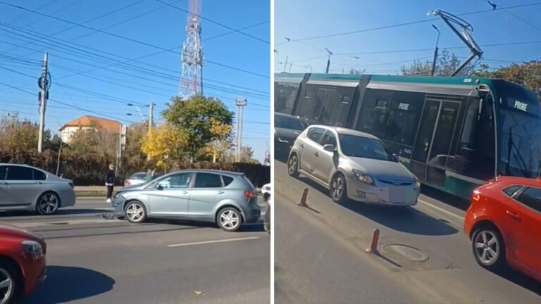 VIDEO | Accident în zona Gării, după ce un autoturism nu a acordat prioritate. Circulația tramvaielor, blocată