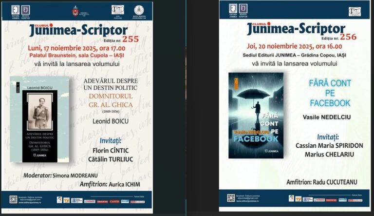 Lansarea unui nou volum de istorie, azi, la Junimea Scriptor. O altă lansare va avea loc joi, în Copou