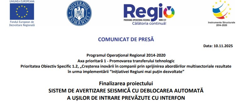  A fost finalizat proiectul “Sistem de avertizare seismică cu deblocarea automată a ușilor de intrare prevăzute cu interfon” (P)