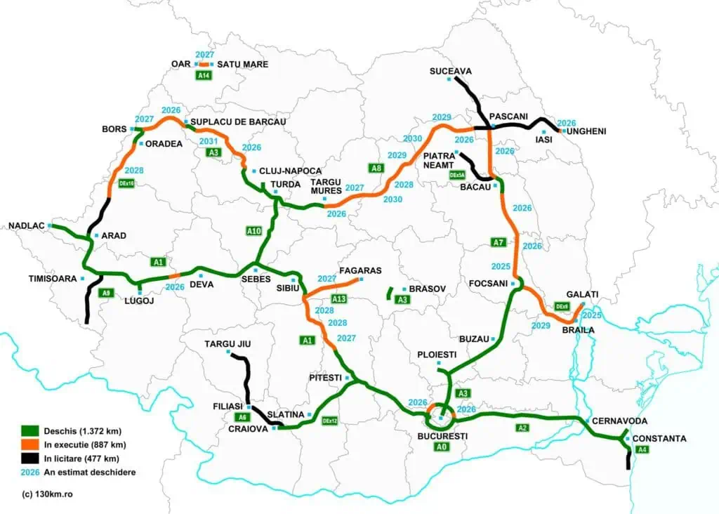  Situația la zi a autostrăzilor și drumurilor expres: 887 km se construiesc, 477 km se licitează, 1.372 km sunt deschiși