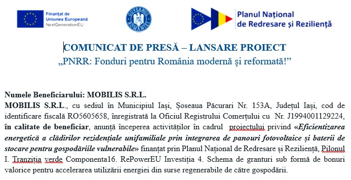 A fost lansat proiectul „Eficientizarea energetică a clădirilor rezidențiale unifamiliale prin integrarea de panouri fotovoltaice și baterii de stocare pentru gospodăriile vulnerabile” (P)