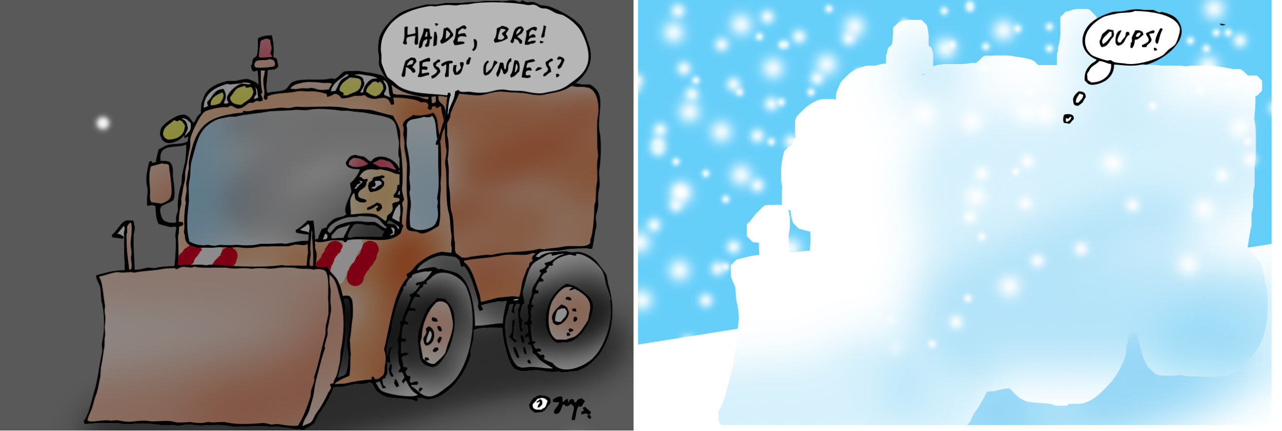 Șoferul de pe utilajul de deszăpezire și fulgul