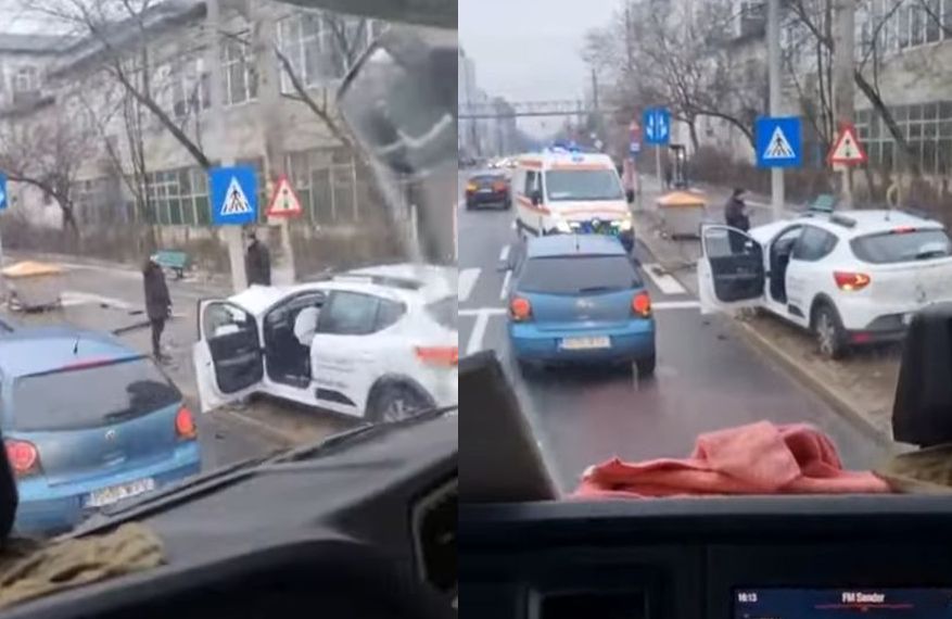  Impact brutal în fața Jandarmeriei Iași – O mașină s-a oprit într-un stâlp (VIDEO)