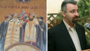EXCLUSIV Cetățeanul de onoare al Iașului condamnat în Grecia pentru furtul a milioane de euro de la săraci apare lângă Patriarhul Daniel pe un mozaic din curtea Mitropoliei